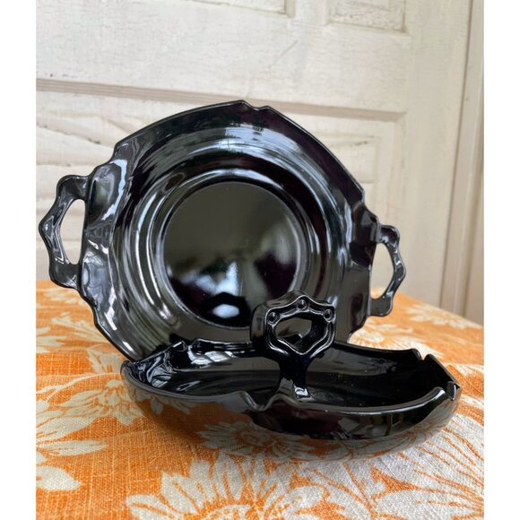 Vintage MCM Black Glass Set Handled Dish and Relish Plate - Picture 10 of 13